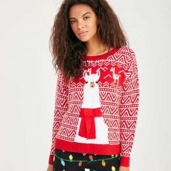 33 Degrees Unisex Red and White Llama Holiday Ugly Christmas Sweater - Picture 1 of 10